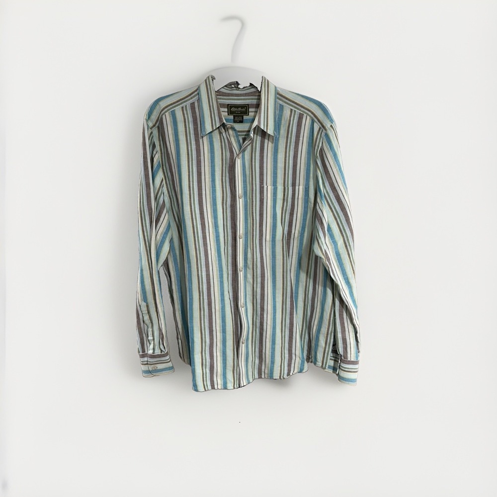 Eddie Bauer Men's XL Linen Cotton Blend Shirt Brown Green Striped Button up W163